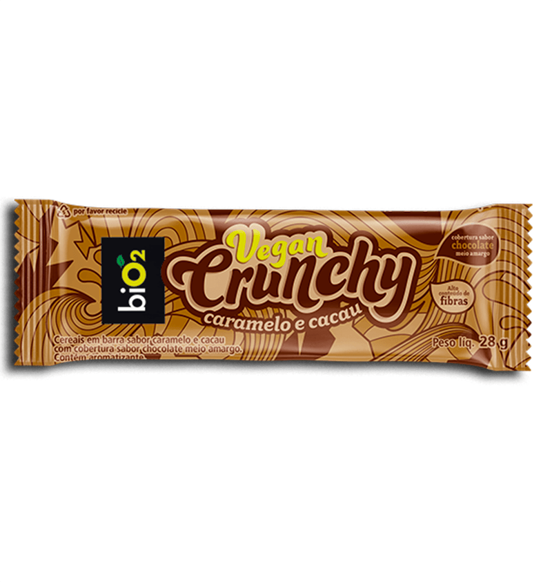 Barra de Cereal Caramelo e Cacau Cobertura Chocolate Meio Amargo biO2 Vegan Crunchy Pacote 28g
